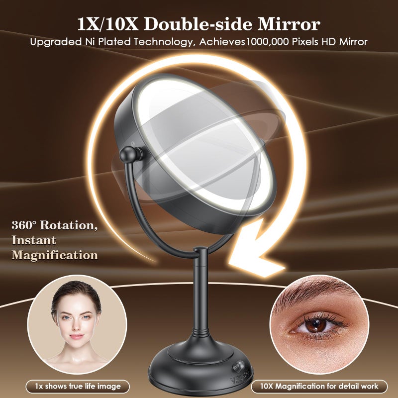 VESAUR Professional 8.5" Lighted Makeup Mirror, 1X/10X Double Sided HD Undistorted Magnifying Mirror with 3 Color 90 Dimmable LED lights, 360Â° Rotation Vanity Mirror, Unique Black Nickel with Gift Box - Image 2
